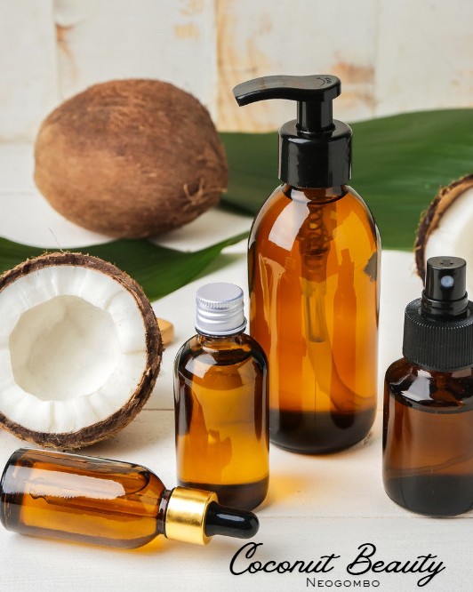 Amber bottles and coconuts from Coconut Beauty Negombo for skin and hair care